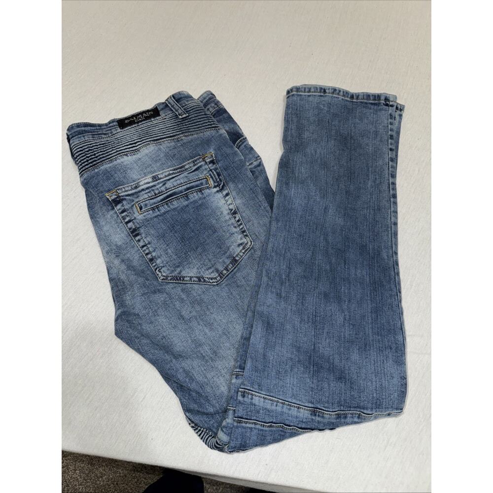 Balmain Paris 38x34 Moto Biker Distressed Slim Designer Jeans Blue Denim (read)